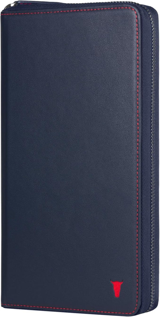 TORRO Premium Leather Family Travel Wallet, RFID Blocking Travel Organizer, Family Passport Holder for 4 Passports, Travel Documents and Cards (Navy Blue)