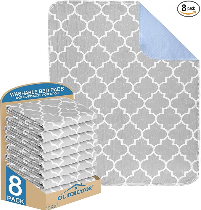 OUTCREATOR® Washable Bed Pads 18" x 24" (Pack of 8), Incontinence Mattress Protector, Anti-Slip Waterproof Underpads for Adults Kids Elderly Pets, Absorbency & Reusable Bedwetting Pads (Gray)