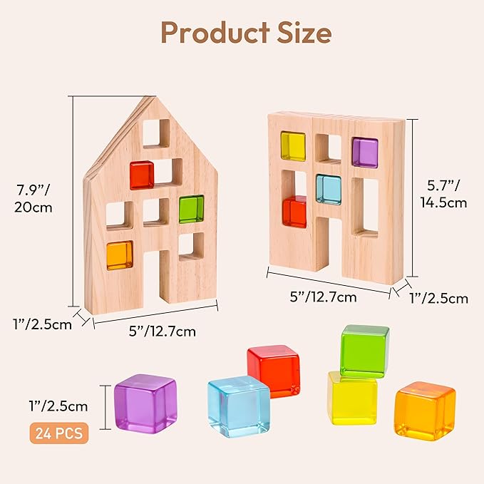 Wooden Building Blocks Set for Kids, 24 PCS Rainbow Gem Cubes Stacking Blocks - 2 Wood House, Montessori Stacking Toy for Toddlers, Educational STEM Learning Toy for Boys Girls 3-6