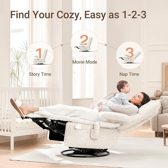 Nursery Swivel Glider Recliner Chair with Adjustable Armrests & Headrest, Rocking Chair Nursery with Removable Cover for Breastfeeding, FSC & Oeko-TEX Certified, Beige