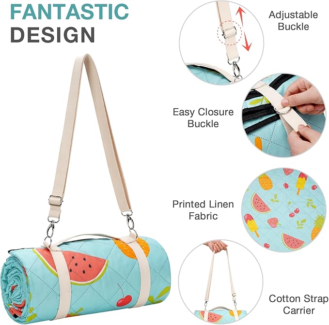 Picnic Blanket Extra Large 79" x 79", Washable Picnic Blankets, Camping Blanket with Portable Handle & Shoulder Strap - SummerFruits