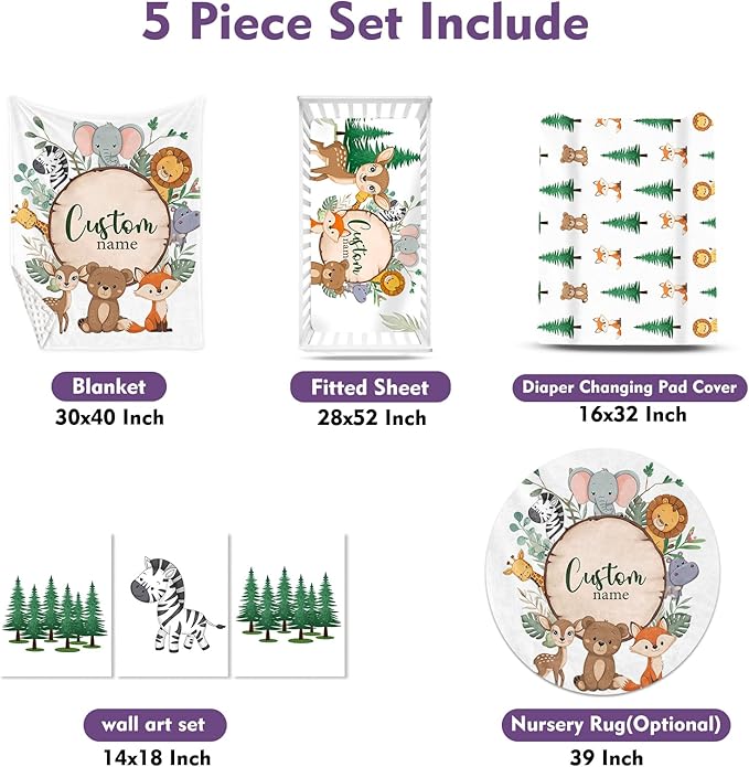 Personalized Nursery Crib Bedding Set: Custom Name 5 Piece Baby Crib Sets with Animal Theme - Toddler Double Layer Blanket Set, Comfortable Crib Bed Sheets for Baby Grils