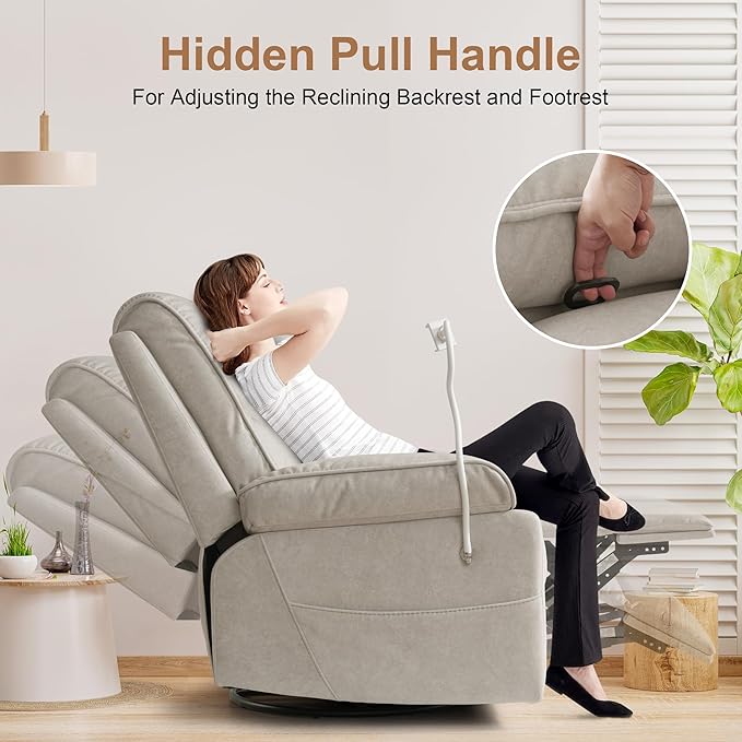 Rocking Chair Nursery Swivel Rocker Recliner with Phone Holder,Nursing Chair for Breastfeeding with Foot Rest,Beige