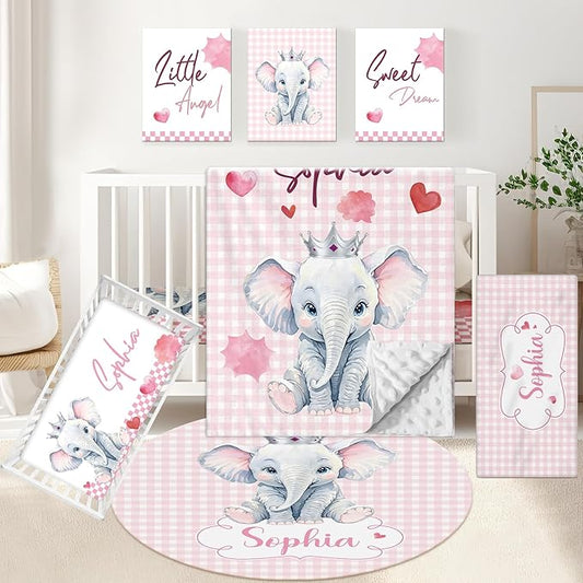 Personalized Baby Crib Set, 5 Pcs Custom with Name, Soft Elephant Crib Bedding, Double Layer Toddler Infant Bedding, New Parents Gifts