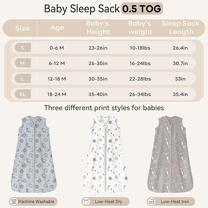 Baby Sleep Sack 6-12 Months 3 Pack 100% Cotton Lightweight 0.5 TOG Wearable Blanket Baby Sleep Bag with 2-Way Zipper for Newborn Infant White Gray Blue Space