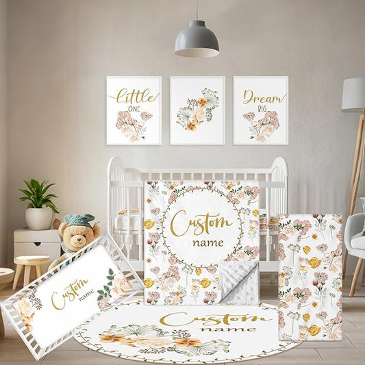 Personalized Baby Crib Bedding Set, 5 Pcs Custom Name Nursery Bedding Set, Yellow Flower Baby Bedding Set for Girl Boy, Double Layer Baby Crib Sets, Customized Gifts for Toddlers Kids Infants