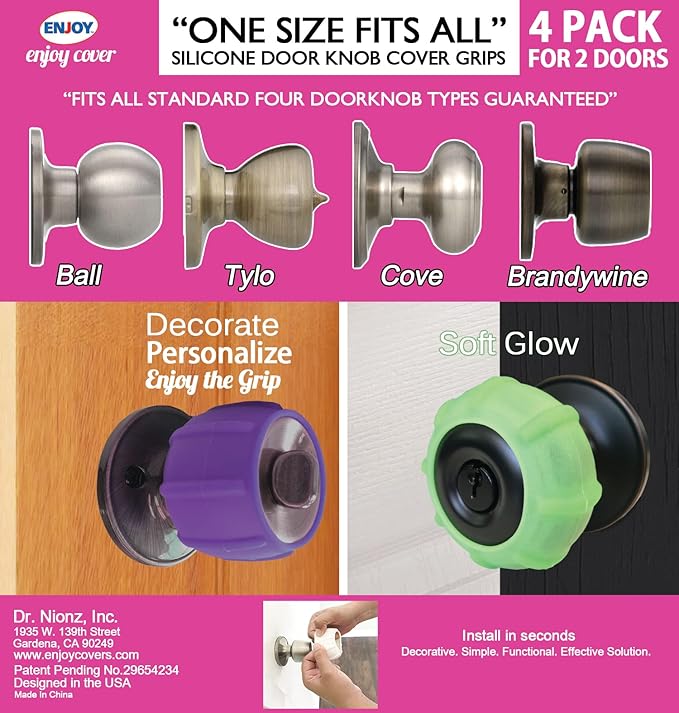 New Enjoy Cover -Neon Green Silicone Door knob Grips Soft Glow Maximum Grip - Arthritis & Senior Living Aids Grippy Easy Open Fits All Door Knob Universal Size Maximum Grip Pack