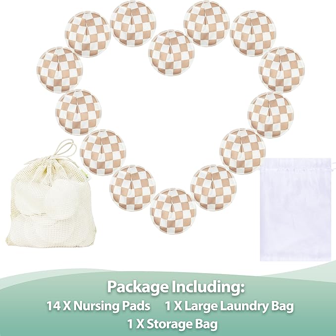 wegreeco Nursing Breast Pads (14 Pack) + Laundry Bag & Travel Storage Bag, 4.7 inch - Washable & Reusable Breastfeeding Nursing Pads (Light Coffee Checkerboard, Large, Contoured Shape)