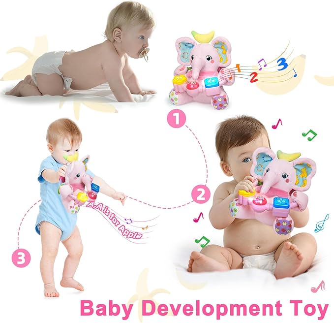 Baby Elephant Musical Stuffed Animals Toy with Light-Up Music & Crinkle Sound Paper,Infant Bilingual Early Learning Education Toys,Tummy Time Toys for 0-3-6-12+ Months Boy Girl, Pink