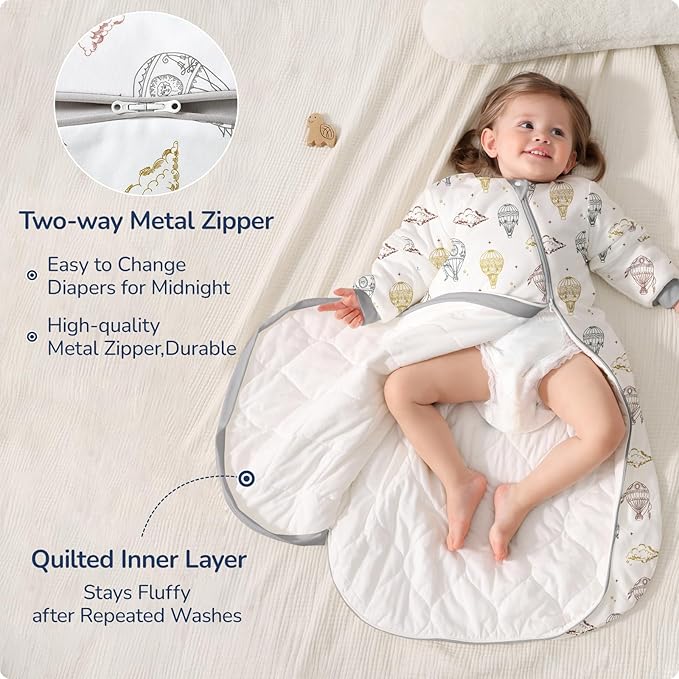 Baby Sleep Sack 18-24 Months, Cotton Detachable Long Sleeve Sleep Sack, 2.5 Tog Toddler Sleeping Sack with Temperature Strips, 2-Way Zipper Wearable Blankets for Newborns, Hot Air Balloon
