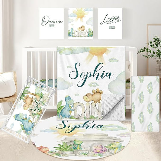 Personalized Baby Crib Bedding Set, 5 Pcs Custom Set With Name, Soft Double Layer Nursery Bedding, Flannel Dinosaur Set for Boys, Toddlers Newborns Customized Gift