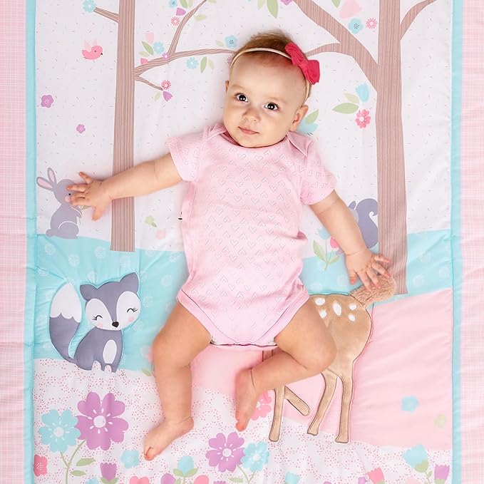 UOMNY Crib Bedding Set for Girls 3 Piece Woodland Baby Girl Crib Bedding Set Include Fitted Crib Sheet Comforter Crib Skirt