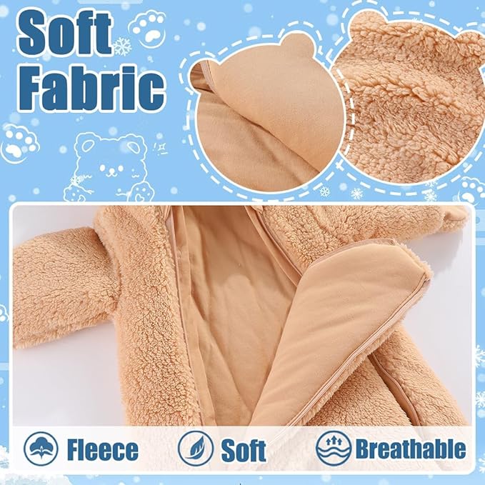 Fairy Baby Newborn Baby Winter Snowsuit Bear Thick Romper Footie Double Zip Hooded Jumpsuit Fleece Coat Infant Boy Girl 0-12M