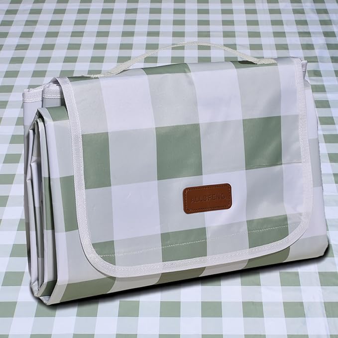 80"x80" Extra Large Waterproof Outdoor Mat - Sandproof Foldable Picnic Blanket for Family Camping, Backyard, Beach Parties - Heavy Duty & Easy Storage (Green&White)