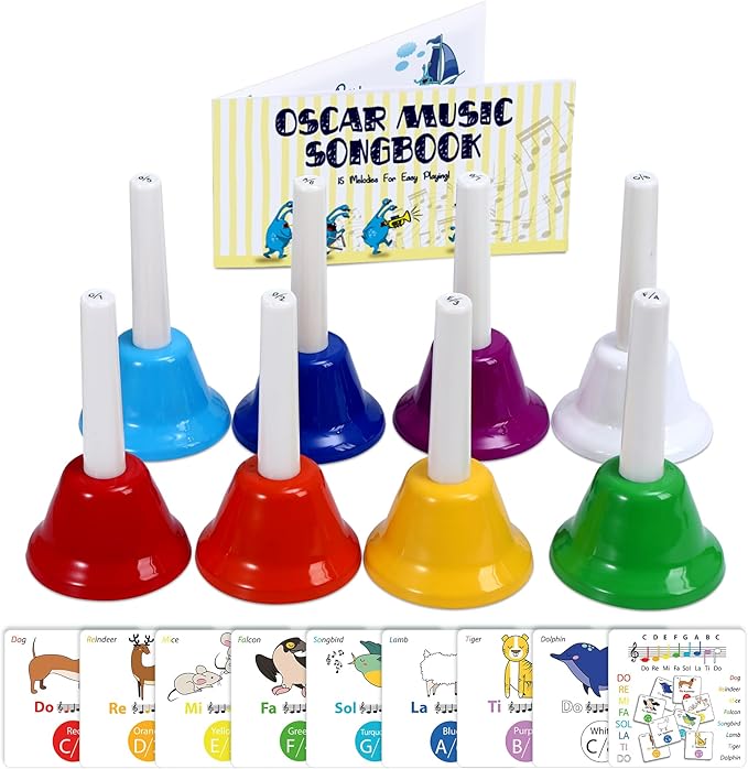 MINIARTIS Hand Bells for Kids | Educational Music Toys for Toddlers 8 Notes Colorful Handbells Set | Kids Musical Instrument with 15 Songbook, Theory Flashcards | Great Birthday Gift for Children