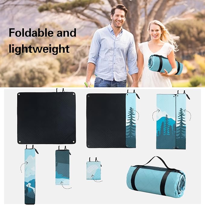 PY SUPER MODE Extra Large Waterproof Picnic Blankets 83x79 Inches - 5 Layer Outdoor Picnic Mat for Beach Camping Park Lawn, Windproof Anchor System with Stakes, Foldable Blue&Brown