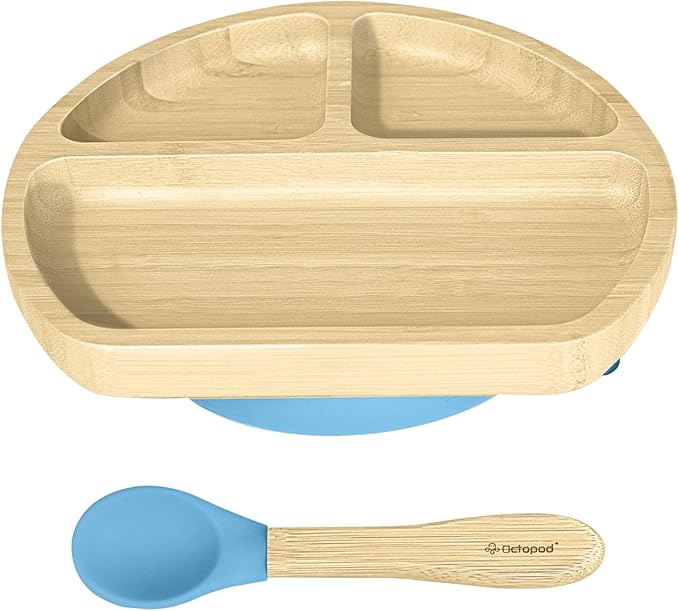 Abiie Octopod Bamboo Dish - Kids Plates for 4 months and up, 3-Compartment Baby Plates with Suction, Triangle Bamboo Baby Plate, Mess-Free Toddler Suction Plates, Baby Feeding Supplies, 8.3x1.9x7.7 in