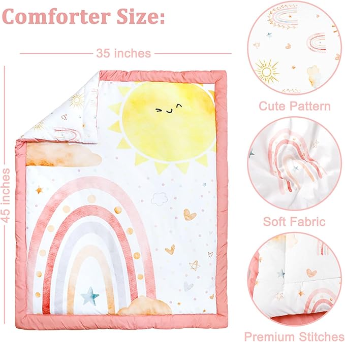 4-Piece Crib Bedding Set for Girls, Includes Comforter, Fitted Crib Sheet, Crib Skirt, and Diaper Stacker, Pink Rainbow