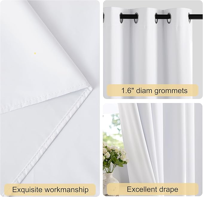 NICETOWN Bathroom Curtains 100% Blackout Window Treatments, Grommet Thermal Drapes Heat Blocking Sound Reducing Curtains for Kitchen/Bedroom, White, W52 x L54, 2 Panels