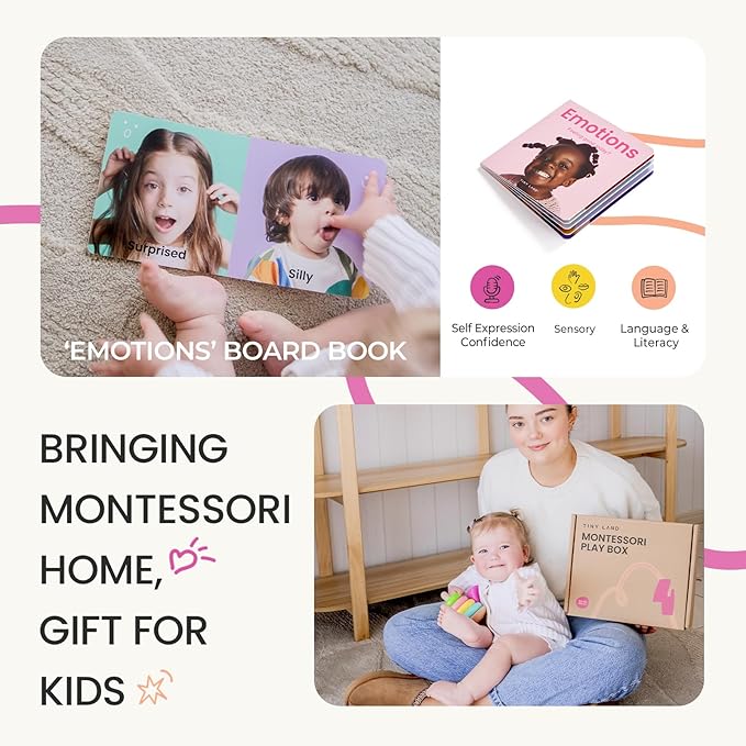 Tiny Land Montessori Toy Set for Babies 1 Year Old Thinker Play Kit- 5-in-1 Wooden Learning Toys with Peg Drop Box, Rocking Stacker, Egg Cup, Canister Set, and Crinkle Bag