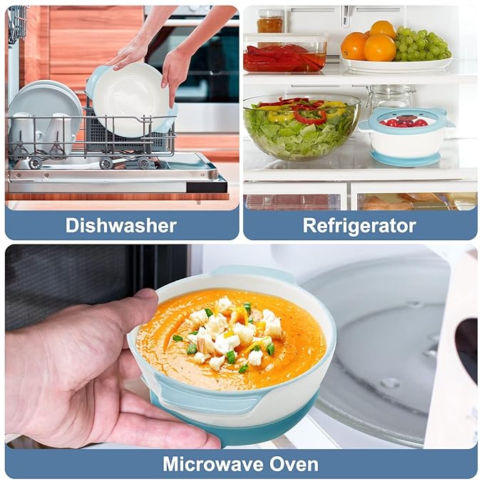 MR. CHOU Ceramic Baby Bowls with Suction Base, Infant Led Weaning Supplies with BPA Free Airtight Lid & Handles for Babies Self-feeding, 100% Food Grade Kid Bowls, Microwave & Dishwasher Safe, Blue