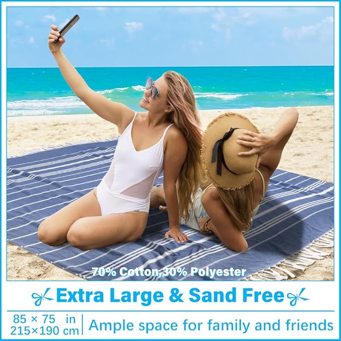 Oversized Turkish Beach Towel Blanket XXL Cotton Sandproof Towels Boho Woven Extra Large Big Sand Free Giant Throw Thick Blankets Huge Quilt XL Picnic Camping Necessities Cloud For Adult Gifts Blue