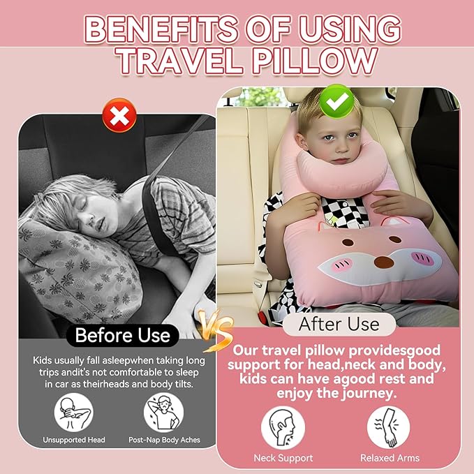 Travel Pillow,Car Pillow Kids Car Seat Pillow U Shaped Pillow for Travel Skin-Friendly Material The Sleeping Aid for Adults and Kids on Road Trips (Pink)
