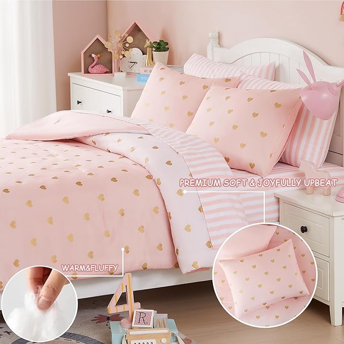 Queen Comforter Set with Sheets for Girls-7 Pieces Queen Bedding Sets with Pink Comforter, Sheets, Pillowcases & Shams for Kids (Pink Gold Heart, 90" X 90")