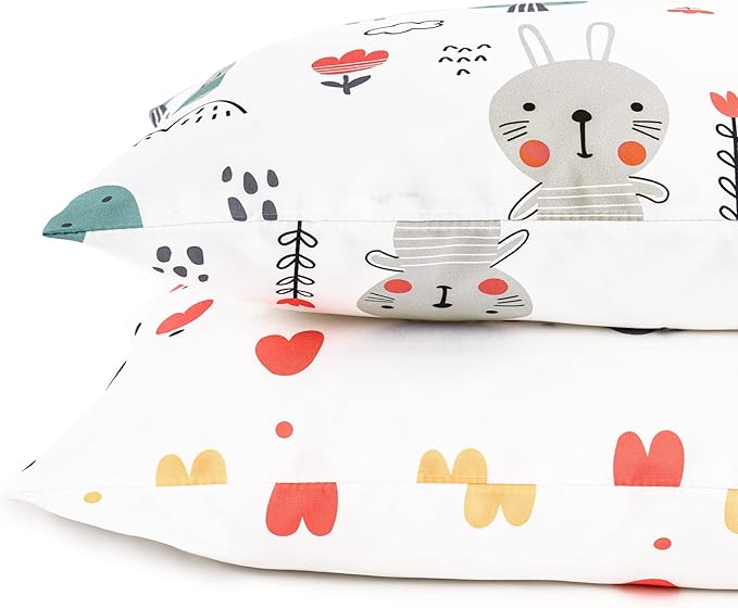 TILLYOU Toddler Pillowcase 2 Pack with Envelope Closure,Silky Soft Microfiber 13" x 18" Kids Travel Pillow Cases,Bib Bear & Colorful Love