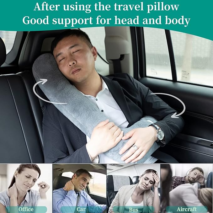 Travel Pillow Upgraded Version of Aircraft Travel Neck Pillow with Storage Bag, Sleep Pillows for Travel by Train, Car, or Plane, Supporting The Head and Body, Travel Pillow for Kids Pink