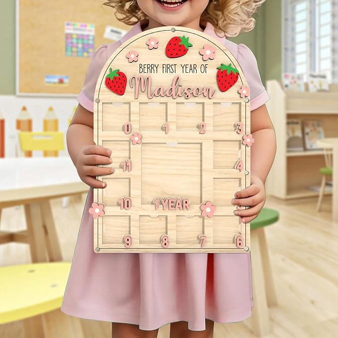 Personalized My First Year Photo Frame | 12 Months Picture Frame For Baby First Year | Displays One 4x4 Pics And Twelve 2x2 Pictures | Birthday Party Decor Newborn Memory Keepsake, Strawberry