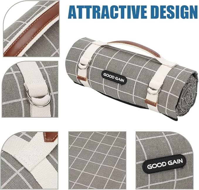 Picnic Outdoor Blankets Waterproof Extra Large - Beach Mat Sand Free Foldable with Carry Strap | Portable Camping Blanket | Park Blanket for Grass Park, Hiking, Travel, Concerts, Indoor (Grey Check)