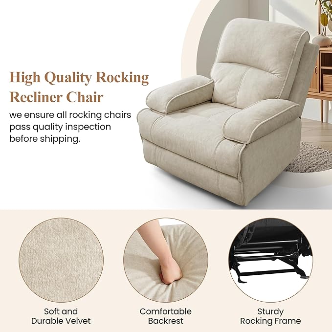 Nursery Rocking Chairs,Velvet Rocker Recliner Nursing Chair,Oversized Nursery Recliner Glider Chair with Extra Wide Footrest for Breastfeeding,Beige