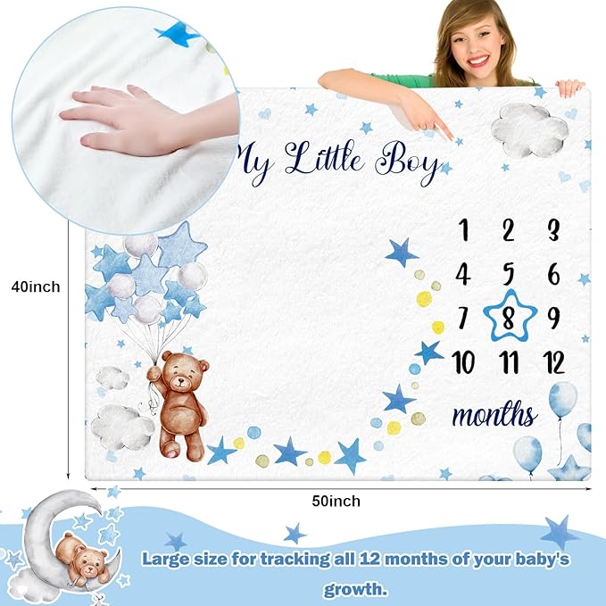 Sleeping Bear Monthly Baby Milestone Blanket Bear Star Balloon Flannel Blanket Boy Newborn Infant Swaddle Growth Baby Frame for Boys Girls Nursery (Blue)