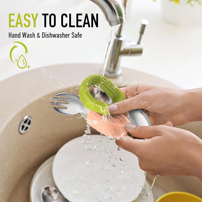 Toddler Utensils - Baby Forks and Spoons Set - Kids Stainless Steel Silverware - Children Safe - Self Feeding - Dishwasher Safe (Orange + Green)