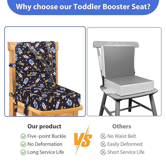 Toddler Booster Seat for Dining Table, Adjustable Safety Buckle Child Booster Seat with Backrest, PU Waterproof Easy Cleaning Portable Booster Cushion (Black)