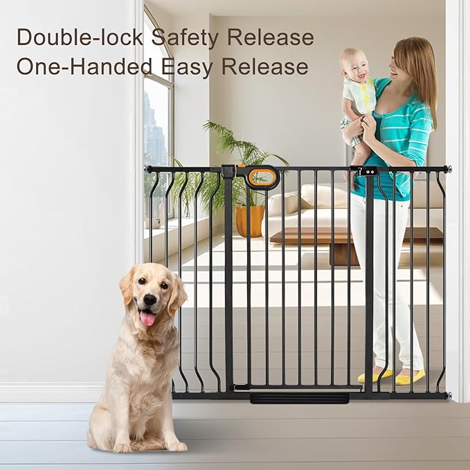 owlie 37.4" Extra Tall Wide Baby Gate for Stairs Doorways,66-75 Inch Extra Large Long Baby Gate with Door Indoor Safety Metal Pressure Mounted Pet Gate with Walk-Thru Auto Close, Black
