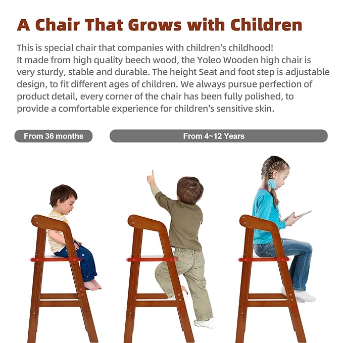 Wooden High Chair for Toddlers, Adjustable Dining Feeding Chair with Removable Cushion for Child, High Chair Grows with Your Kid with Steps for Kids Dining, Studying, Step Tool(Nut-Brown)