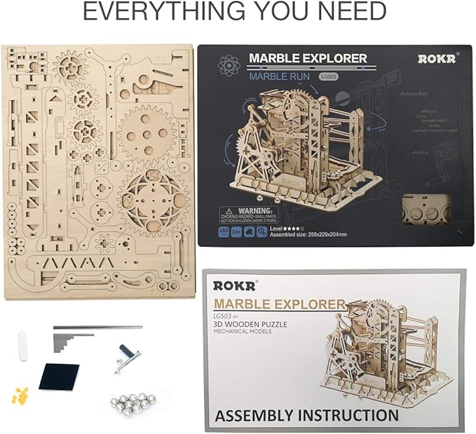 ROKR 3D Wooden Puzzles for Adults-Marble Run Model Building Kit-Wood Model Kit (LG503★Lift Coaster)