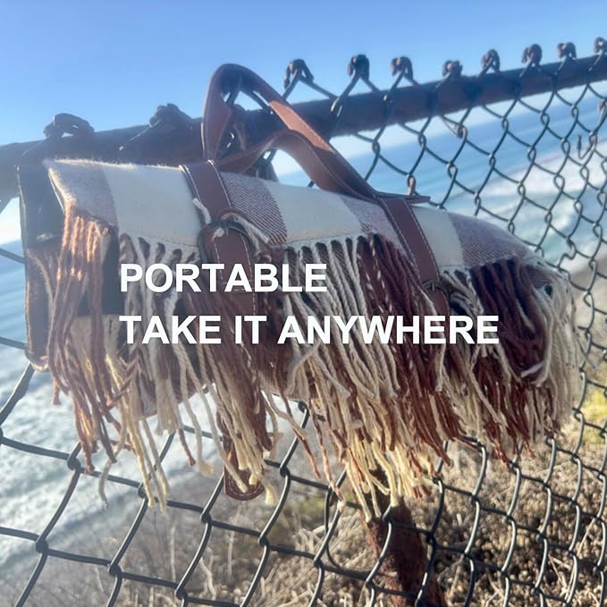 Picnic Blanket Extra Large Waterproof with Strap 59"x79" - Machine Washable Tassels Faux Wool Cashmere for Park, Grass, Camping, Hiking, Concerts (Coffee Plaid, 59"X79")