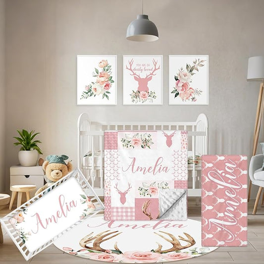 Personalized Baby Crib Bedding Set, 5 Pcs Custom Name Nursery Bedding Set, Pink Woodland Deer Baby Bedding Set for Girl, Double Layer Baby Crib Sets, Customized Gifts for Toddlers Kids Infants