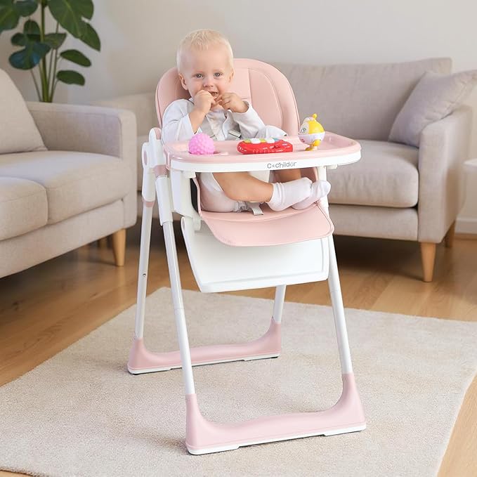 3-in-1 Foldable High Chair for Babies & Toddlers – Adjustable Height, Reclining Seat, 5-Point Safety Harness, Removable Tray, Lockable Wheels, Washable Cushion – Portable & Easy Clean, Pink