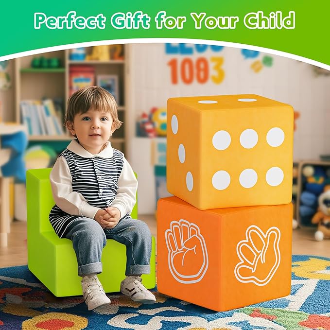 UMOMO 6 PCS Foam Climbing Blocks for Toddlers, Dice & Rock-Paper-Scissors Game Modes, Colorful Modular Play Set for Kids - Safe Indoor Activity Toy for Preschool Playroom (Orange-Yellow)