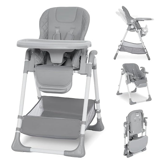 Kinder King Convertible Baby High Chair, Adjustable Feeding Chair for Babies and Toddlers with Removable Double Tray, Simple Compact Fold for Space-Saving, 2 Built-in Wheels, Easy to Clean, Gray