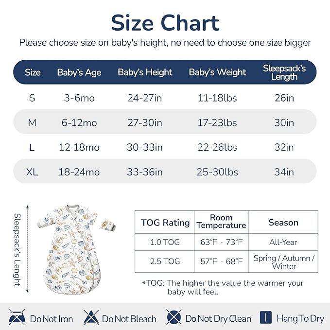 Baby Sleep Sack 3-6 Months, Cotton Detachable Long Sleeve Sleep Sack, 2.5 Tog Toddler Sleeping Sack with Temperature Strips, 2-Way Zipper Wearable Blankets for Newborns, Ocean