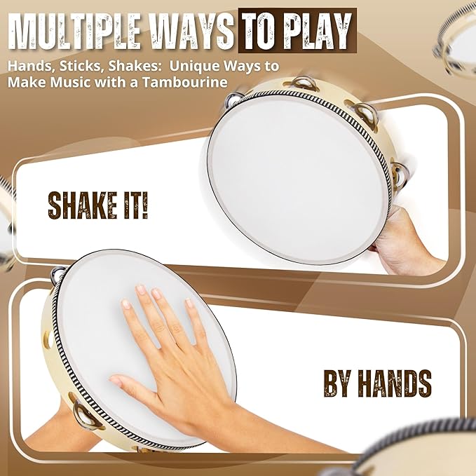 Flexzion Handheld Tambourine - 8 & 6 Inch Set of 2 Pack, Double Row 12 Pair Metal Jingles, Percussion Drum Moon Musical Educational Instrument for Adults Classroom Gift Party (Wood)