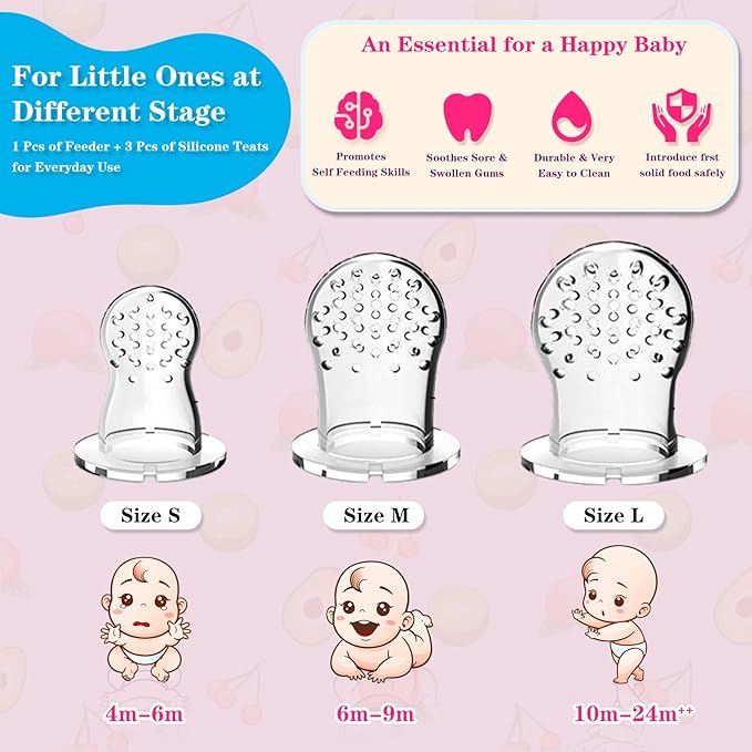 Baby Solids/Frozen Fruit Feeder Pacifier, Infant Teether Toy 4M+, BPA-Free Silicone Pouch & Nipple, Safely Introduce Solids, Teething Relief, 2-Pack (Rabbit - Pink Purple, S/M/L)