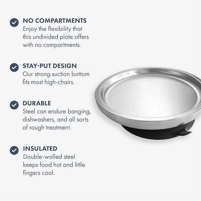 Avanchy Open Baby Plates with Suction – Stainless Steel Divided Plates for Toddlers, BPA-Free, Dishwasher Safe, Unbreakable, Non-Toxic, 100% Silicone Suction – White