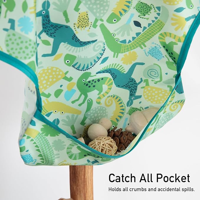 Mess Proof Baby Bib 3 Pack, Waterproof Led Weaning Baby Feeding Bibs with Food Catcher, Travel Feeding Bibs