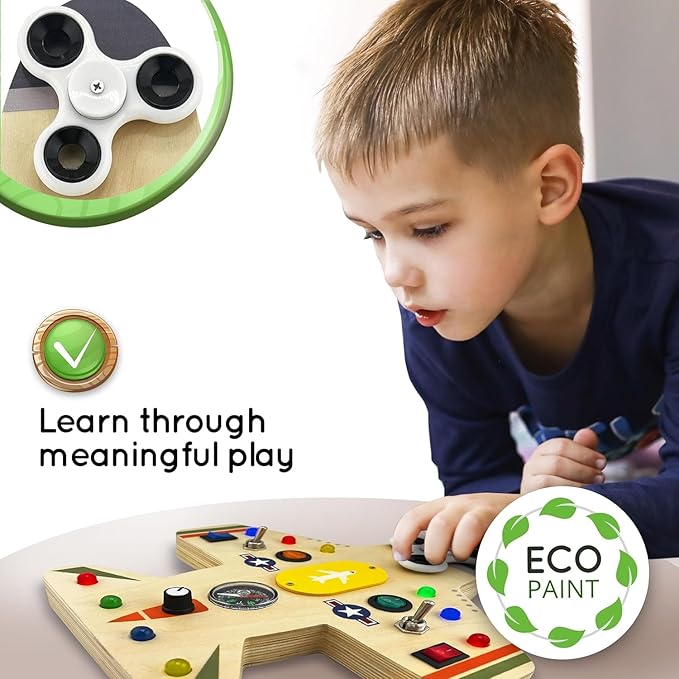 Toddler Montessori Busy Board - Wooden Educational Toy with Lights, Switches, Compass, Relay, Spinner - Sensory Board - Preschool Motor Skills Learning Activities - Christmas & Birthday Gift